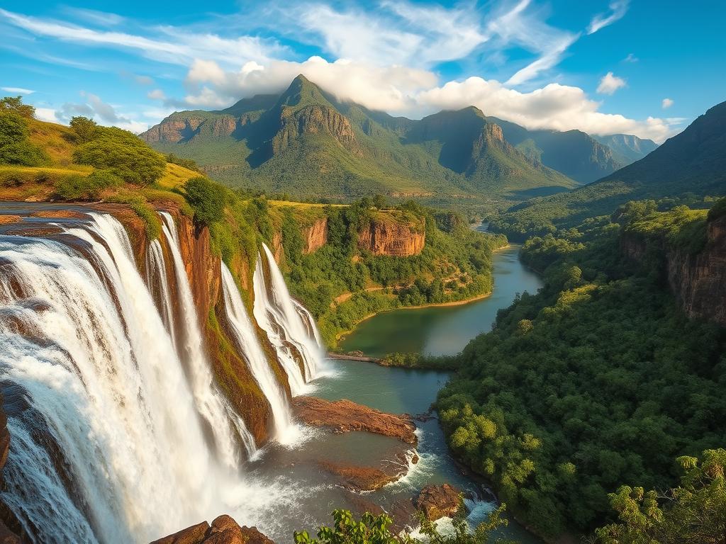 Lush, cascading waterfalls flow through the verdant landscapes of Mpumalanga, South Africa. In the foreground, a majestic waterfall cascades over rocky cliffs, its shimmering waters creating a mesmerizing display. The middle ground features a tranquil pool, surrounded by lush, green foliage. In the background, towering mountains rise up, their peaks shrouded in wispy clouds. The scene is bathed in warm, golden sunlight, creating a serene and picturesque atmosphere. Capture the essence of Mpumalanga's regional diversity with this breathtaking waterfall vista, shot with a wide-angle lens to showcase the depth and grandeur of the natural landscape. Lush, cascading waterfalls flow through the verdant landscapes of Mpumalanga, South Africa. In the foreground, a majestic waterfall cascades over rocky cliffs, its shimmering waters creating a mesmerizing display. The middle ground features a tranquil pool, surrounded by lush, green foliage. In the background, towering mountains rise up, their peaks shrouded in wispy clouds. The scene is bathed in warm, golden sunlight, creating a serene and picturesque atmosphere. Capture the essence of Mpumalanga's regional diversity with this breathtaking waterfall vista, shot with a wide-angle lens to showcase the depth and grandeur of the natural landscape.