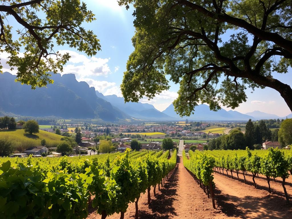 Lush vineyards and rolling hills, a picturesque landscape in the heart of South Africa's renowned Winelands region. Towering mountains frame the charming towns of Stellenbosch, Franschhoek, and Paarl, their historic Cape Dutch architecture and tree-lined streets inviting exploration. Dappled sunlight filters through the canopy of oak trees, casting a warm glow over the quaint cafes, art galleries, and boutiques that dot the vibrant main streets. In the distance, rows of grapevines stretch out as far as the eye can see, promising world-class wines and a taste of the region's rich cultural heritage. A serene and picturesque scene, captured through the lens of a wide-angle camera, inviting the viewer to immerse themselves in the tranquil beauty of South Africa's premier wine country.