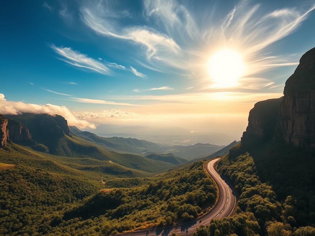 Panoramic landscape of the Panorama Route in South Africa. A winding mountain road curves through lush, rolling hills and dense forests, framed by towering cliffs and dramatic rock formations. Sunlight filters through wispy clouds, casting warm, golden hues across the scene. In the distance, a vast, sweeping vista opens up, showcasing the rugged beauty of the Drakensberg Mountains. The mood is serene and awe-inspiring, inviting the viewer to imagine an epic journey through this majestic region. Panoramic landscape of the Panorama Route in South Africa. A winding mountain road curves through lush, rolling hills and dense forests, framed by towering cliffs and dramatic rock formations. Sunlight filters through wispy clouds, casting warm, golden hues across the scene. In the distance, a vast, sweeping vista opens up, showcasing the rugged beauty of the Drakensberg Mountains. The mood is serene and awe-inspiring, inviting the viewer to imagine an epic journey through this majestic region.