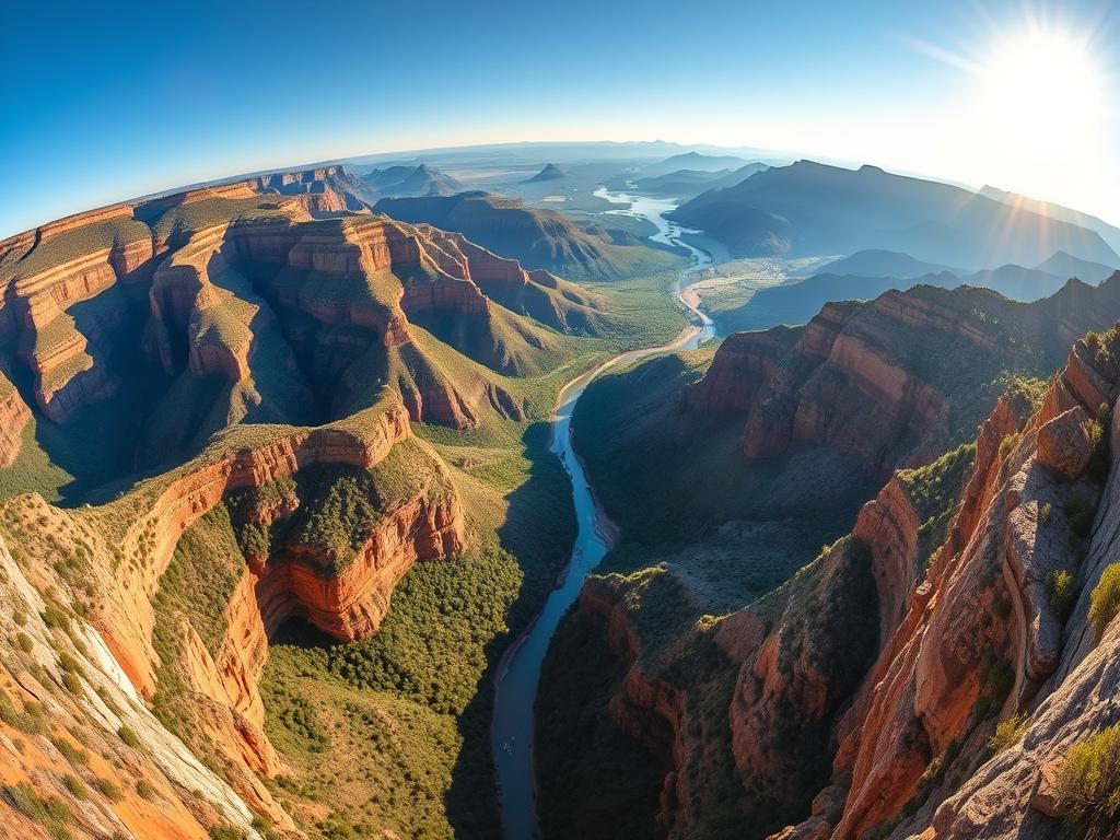 Panoramic vista of the breathtaking Blyde River Canyon along the Panorama Route in South Africa. A vast, rugged landscape unfolds before the viewer, with towering sandstone cliffs, lush green forests, and winding rivers carving through the dramatic terrain. The sun casts a warm, golden glow over the scene, highlighting the intricate details of the canyon's geological formations. A wide-angle lens captures the majestic scale of the vista, drawing the eye across the sweeping vistas to the distant horizon. The overall mood is one of awe and wonder, inviting the viewer to immerse themselves in the natural splendor of this remarkable region.