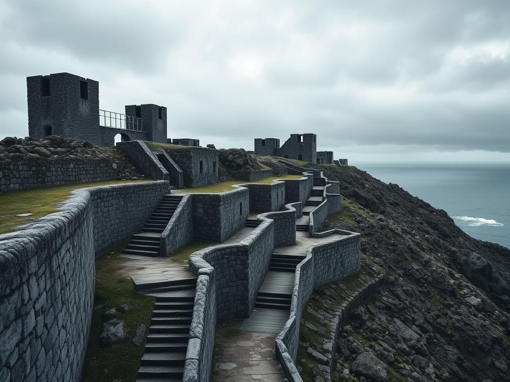 Robben Island, a historic site off the coast of Cape Town, South Africa. A rugged, windswept landscape, with crumbling stone buildings and towering guard towers against a moody, overcast sky. The former prison complex, where Nelson Mandela and other anti-apartheid activists were incarcerated, casts an imposing presence. Weathered walkways wind through the island, leading to the remnants of the limestone quarry where inmates labored. A somber atmosphere permeates the scene, tinged with a sense of resilience and the weight of history. Dramatic lighting illuminates the textured walls and craggy terrain, creating a powerful, cinematic visual narrative of this important place.