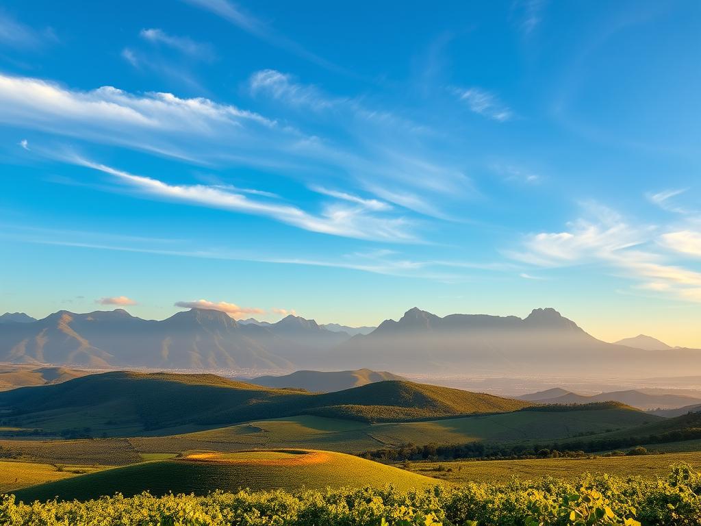 Serene South African landscape, sprawling vineyards and rolling hills in the foreground, majestic mountains rising in the distance, golden hour lighting casting a warm glow over the scene, wispy clouds drifting across a vibrant blue sky, lush greenery and vibrant colors capturing the natural beauty of the region, minimal human elements to allow the breathtaking scenery to shine, high-resolution, detailed, photorealistic, cinematic, 4k.