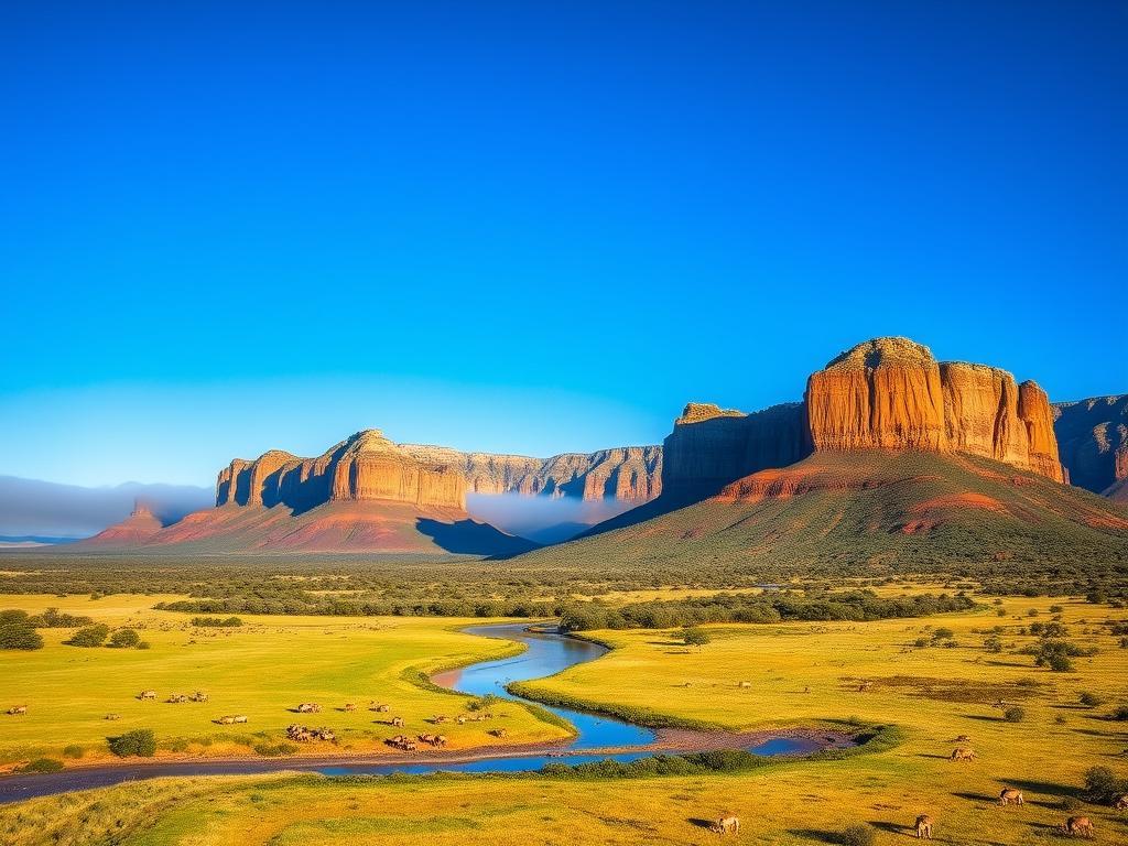 Stunning golden sandstone cliffs rising majestically against a clear azure sky, casting long shadows across the lush, verdant savanna below. Herds of grazing antelope and zebra dot the rolling hillsides, while a winding river reflects the brilliant light. In the distance, rugged mountains shrouded in misty blue haze create a breathtaking panoramic landscape. Capture the essence of South Africa's awe-inspiring natural beauty, using a wide-angle lens to showcase the grand scale and dramatic contrasts of this captivating national park scene.