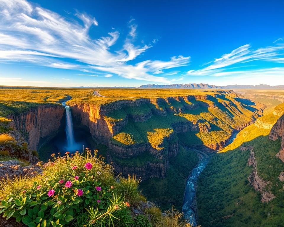 A breathtaking panoramic view of the Blyde River Canyon along the famous Panorama Route. In the foreground, lush greenery and vibrant wildflowers dot the edge of a cliff, creating a vivid contrast against the rocky terrain. The middle ground features the dramatic canyon walls, showcasing layered rock formations and deep gorges carved by the river. Majestic waterfalls cascade down, glimmering in the sunlight, while a winding road meanders through the landscape, inviting exploration. In the background, distant mountains rise under a bright blue sky with wispy clouds, emphasizing the grandeur of nature. Soft, golden light bathes the scene, creating an uplifting and adventurous mood. The composition captures the essence of a perfect day discovering this unique landscape.