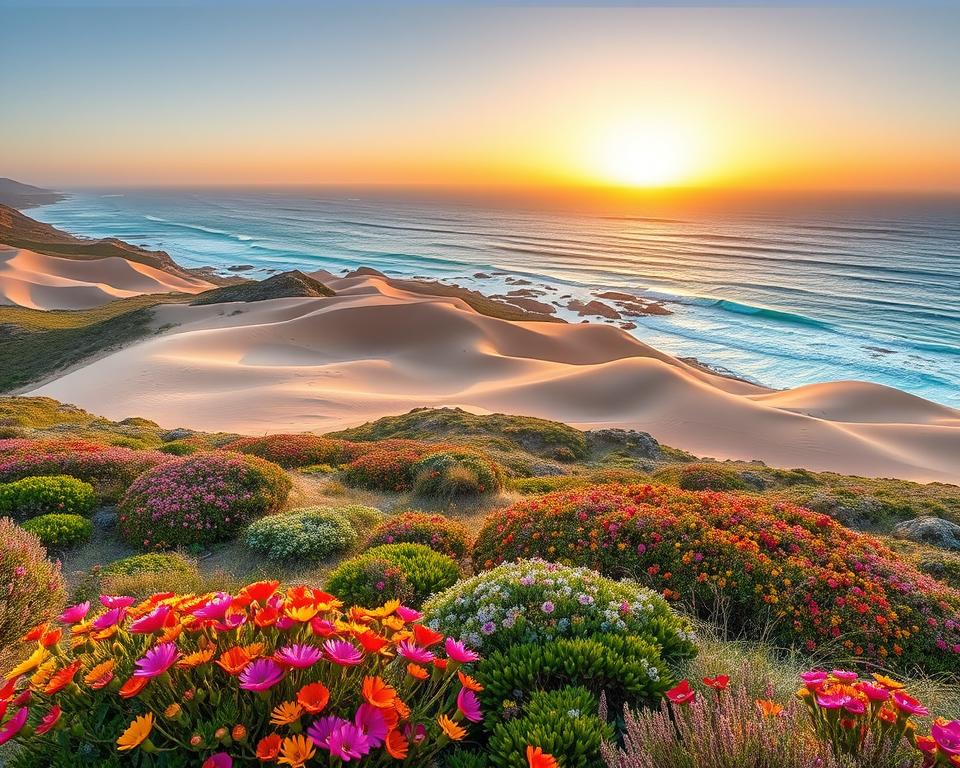 A breathtaking view of De Hoop Nature Reserve's landscapes, showcasing the harmonious blend of coastline, rolling sand dunes, and vibrant Fynbos vegetation. In the foreground, a patch of colorful Fynbos flowers in full bloom, adding splashes of pink, orange, and yellow. The middle ground features undulating sand dunes, gently sculpted by the wind, leading the eye towards the azure ocean waves crashing against the rocky shore. In the background, the sky transitions into a golden hue as the sun begins to set, casting a warm, soft light over the scene. The atmosphere is serene and peaceful, inviting viewers to experience the beauty of this unique ecosystem. A wide-angle perspective captures the sweeping vistas of this natural wonder, creating a tranquil and immersive ambiance. A breathtaking view of De Hoop Nature Reserve's landscapes, showcasing the harmonious blend of coastline, rolling sand dunes, and vibrant Fynbos vegetation. In the foreground, a patch of colorful Fynbos flowers in full bloom, adding splashes of pink, orange, and yellow. The middle ground features undulating sand dunes, gently sculpted by the wind, leading the eye towards the azure ocean waves crashing against the rocky shore. In the background, the sky transitions into a golden hue as the sun begins to set, casting a warm, soft light over the scene. The atmosphere is serene and peaceful, inviting viewers to experience the beauty of this unique ecosystem. A wide-angle perspective captures the sweeping vistas of this natural wonder, creating a tranquil and immersive ambiance.