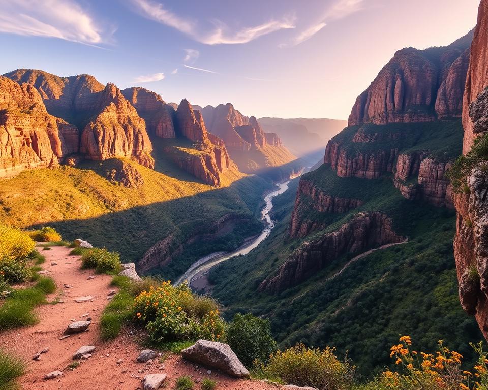 A breathtaking view of the Blyde River Canyon, showcasing its dramatic cliffs and lush greenery. In the foreground, a well-maintained hiking trail leads toward the canyon edge with small rocks and vibrant wildflowers alongside. The middle ground features the winding river snaking through the canyon, reflecting the sunlight. In the background, towering sandstone cliffs rise majestically, bathed in warm golden light from a late afternoon sun, casting soft shadows. The sky above is clear with a few wispy clouds, creating a serene atmosphere. Capture the vibrant colors of nature to evoke a sense of adventure and tranquility, inviting viewers to explore this unique landscape. The composition should feel expansive and immersive, ideally framed with a wide-angle perspective to highlight the canyon’s grandeur.