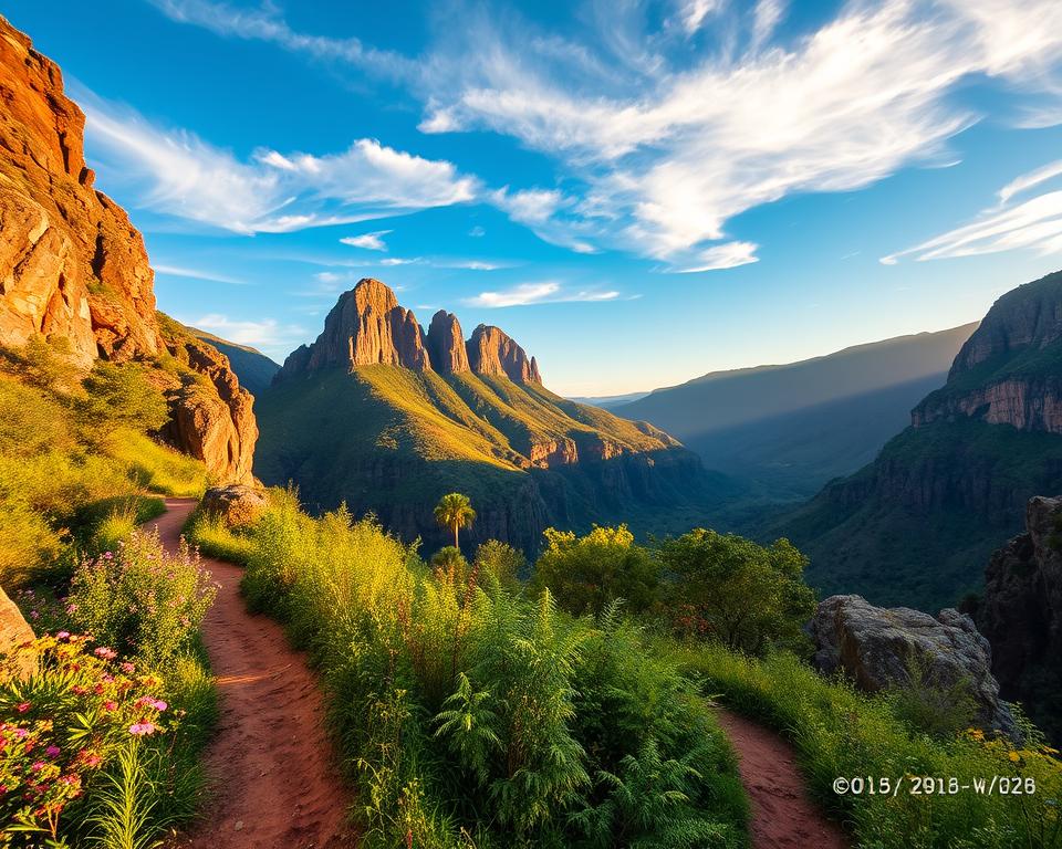 A breathtaking view of the Blyde River Canyon, showcasing lush green vegetation and dramatic rock formations. In the foreground, a winding trail meanders through diverse flora, including vibrant wildflowers and sturdy ferns, inviting exploration. The middle ground features towering cliffs with jagged edges bathed in warm sunlight, casting soft shadows on the rocky terrain. In the background, the iconic Three Rondavels rise majestically against a clear blue sky dotted with wispy clouds, reflecting the grandeur of nature. The scene is illuminated by the golden hour light, creating a serene and inviting atmosphere. Capture the essence of outdoor adventures and the beauty of the South African landscape, with an emphasis on the rich textures and colors that evoke a sense of peace and adventure.