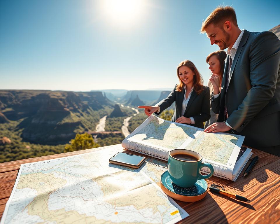 A detailed travel planning scene showcasing a beautiful landscape of the Blyde River Canyon. In the foreground, a wooden table is adorned with maps, a smartphone displaying navigation apps, and a notebook filled with notes. A compass rests beside a steaming cup of coffee, symbolizing preparation. The middle ground features representatives, dressed in professional attire, enthusiastically discussing their itinerary while pointing at the maps. The backdrop reveals the stunning vistas of the Blyde River Canyon, with steep cliffs, lush greenery, and flowing rivers under a bright, clear blue sky, illuminated by soft, warm sunlight. The mood is vibrant and adventurous, capturing the essence of travel planning to this breathtaking destination.