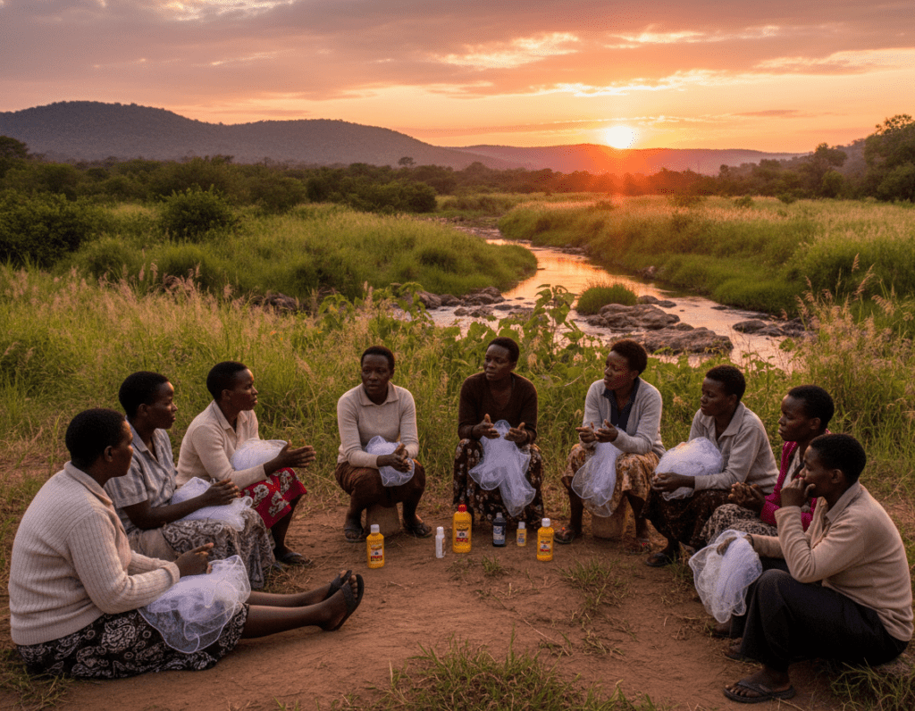 A picturesque landscape depicting a malaria risk area in northeastern South Africa. In the foreground, include a diverse group of individuals dressed in modest casual clothing, engaged in preventive discussions about malaria, with mosquito nets and insect repellent visible. In the middle ground, lush greenery and tall grasses reflect the typical habitat for mosquitoes, while a small river gently flows through the scene. The background features distant hills under a warm, golden sunset, creating a serene atmosphere. The lighting should be soft and diffused, evoking a sense of tranquility and awareness. Capture the scene from a slightly elevated angle to provide depth and a comprehensive view of both the individuals and the surrounding environment.