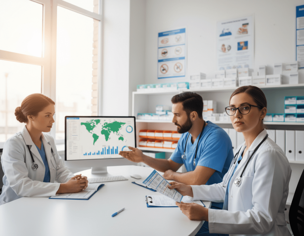 A professional medical consultation scene in a modern clinic, showcasing a diverse group of healthcare professionals in professional attire discussing vaccination protocols. In the foreground, a female doctor with glasses holds a vaccination chart, while a male nurse points to a computer screen displaying global vaccination data. The background features a well-organized medical office with shelves of medical supplies and posters about vaccines. Natural light filters through large windows, illuminating the space and creating an inviting atmosphere. The image conveys a sense of trust and urgency regarding medical care when traveling, emphasizing the importance of vaccinations and healthcare resources for international travelers. The camera angle is slightly elevated, providing a clear view of the consultation area.