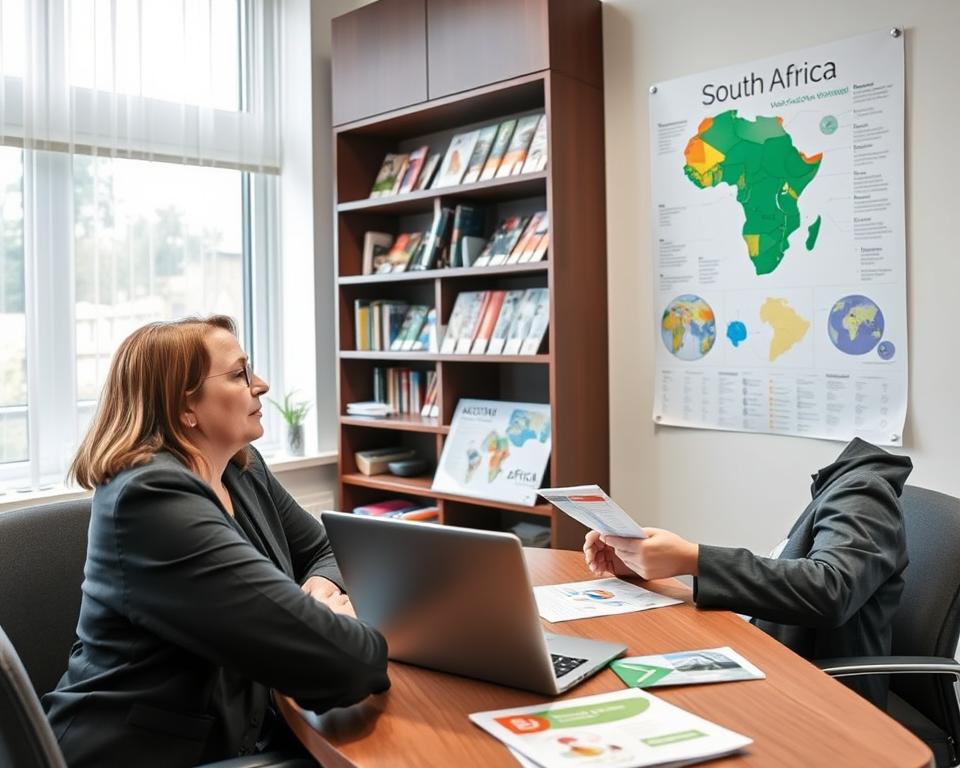 A professional office setting showcasing a consultation environment for travel vaccinations in Germany. In the foreground, a healthcare professional in business attire is seated at a desk, discussing vaccination options with a patient, who is dressed in modest casual clothing. A laptop and medical brochures about vaccinations for South Africa are visible. In the middle ground, a bookshelf filled with travel health literature can be seen, while a large poster on the wall illustrates various vaccines. The background features a window allowing soft, natural lighting to flood the room, creating a welcoming and informative atmosphere. The overall mood is one of professionalism and care, emphasizing the importance of travel health advice. A professional office setting showcasing a consultation environment for travel vaccinations in Germany. In the foreground, a healthcare professional in business attire is seated at a desk, discussing vaccination options with a patient, who is dressed in modest casual clothing. A laptop and medical brochures about vaccinations for South Africa are visible. In the middle ground, a bookshelf filled with travel health literature can be seen, while a large poster on the wall illustrates various vaccines. The background features a window allowing soft, natural lighting to flood the room, creating a welcoming and informative atmosphere. The overall mood is one of professionalism and care, emphasizing the importance of travel health advice.