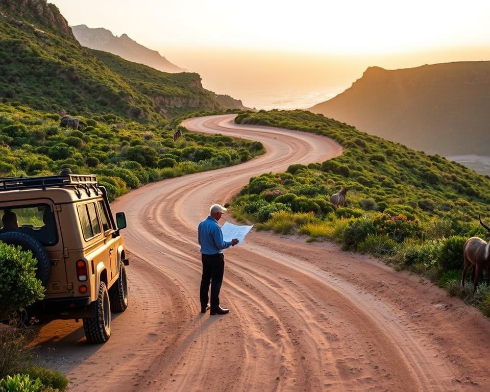 A rugged dirt road winding through the breathtaking De Hoop Nature Reserve, flanked by lush green fynbos vegetation on either side. In the foreground, a 4x4 vehicle is parked on the side of the road, with two professional-looking individuals in modest casual clothing discussing a map, highlighting the area's road conditions. In the middle ground, the road stretches into a gentle curve, revealing patches of vibrant wildflowers and a few local wildlife like antelope grazing nearby. The background showcases dramatic cliffs and the distant outline of the ocean under a soft, golden sunset, casting warm light across the scene. The atmosphere is serene yet adventurous, inviting exploration into this unique ecosystem. A rugged dirt road winding through the breathtaking De Hoop Nature Reserve, flanked by lush green fynbos vegetation on either side. In the foreground, a 4x4 vehicle is parked on the side of the road, with two professional-looking individuals in modest casual clothing discussing a map, highlighting the area's road conditions. In the middle ground, the road stretches into a gentle curve, revealing patches of vibrant wildflowers and a few local wildlife like antelope grazing nearby. The background showcases dramatic cliffs and the distant outline of the ocean under a soft, golden sunset, casting warm light across the scene. The atmosphere is serene yet adventurous, inviting exploration into this unique ecosystem.