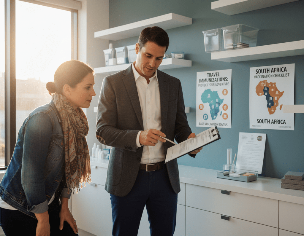 A serene, informative scene depicting a doctor in a clean, modern clinic, wearing professional business attire, holding a clipboard and discussing vaccinations with a patient. The patient, casually dressed, looks engaged and curious. In the background, shelves filled with medical supplies and vaccination posters about travel immunizations are subtly visible. Bright, natural light filters through a window, casting a warm glow on the scene, creating an inviting atmosphere. The camera angle is slightly tilted to capture both the doctor and patient in a conversational moment, emphasizing the importance of checking vaccination status before traveling to South Africa. The overall mood is friendly and educational, highlighting the significance of base vaccination protection.