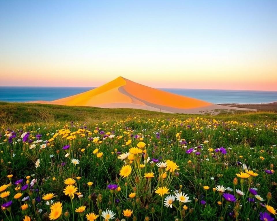 A serene landscape of De Hoop Nature Reserve during the optimal travel season, showcasing the vibrant colors of late spring. In the foreground, wildflowers in full bloom create a colorful carpet of yellows, purples, and whites. The middle ground features a gently rolling dune, its soft contours catching the warm light of the setting sun. In the background, a tranquil blue ocean blends with a clear sky painted in pastel hues of orange and pink, reflecting the day's end. The scene is bathed in golden hour light, creating a warm, inviting atmosphere. Capture this breathtaking view from a slightly elevated angle, using a wide lens to emphasize the expansive beauty of the reserve, evoking a peaceful and rejuvenating mood. A serene landscape of De Hoop Nature Reserve during the optimal travel season, showcasing the vibrant colors of late spring. In the foreground, wildflowers in full bloom create a colorful carpet of yellows, purples, and whites. The middle ground features a gently rolling dune, its soft contours catching the warm light of the setting sun. In the background, a tranquil blue ocean blends with a clear sky painted in pastel hues of orange and pink, reflecting the day's end. The scene is bathed in golden hour light, creating a warm, inviting atmosphere. Capture this breathtaking view from a slightly elevated angle, using a wide lens to emphasize the expansive beauty of the reserve, evoking a peaceful and rejuvenating mood.