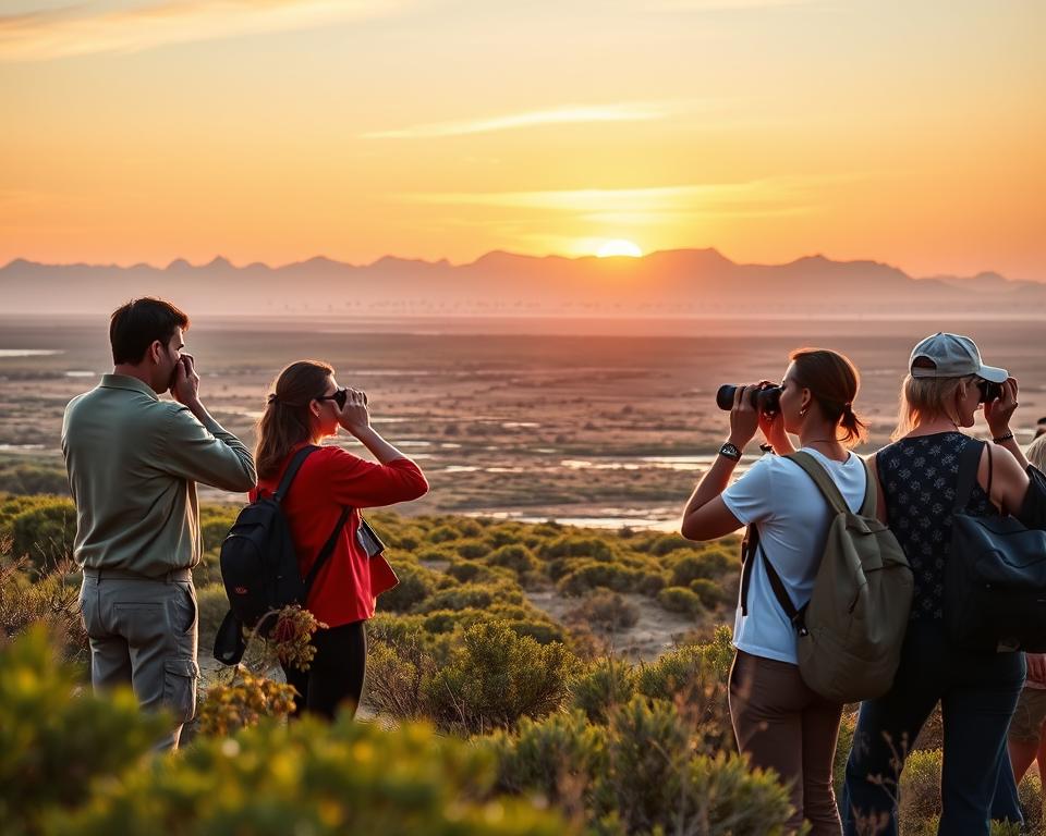 A serene landscape of De Hoop Nature Reserve, showcasing sustainable travel practices. In the foreground, a diverse group of tourists in modest casual clothing, equipped with binoculars and cameras, observing wildlife responsibly. They are engaged in wildlife photography, surrounded by indigenous flora. The middle ground features a picturesque view of the rolling dunes and wetlands, dotted with birds. The background reveals distant mountains under a vibrant sunset, casting warm, golden hues across the sky. The scene is illuminated by soft, natural lighting, creating a peaceful and harmonious atmosphere. The overall mood reflects respect for nature and wildlife conservation, capturing the essence of responsible travel. A serene landscape of De Hoop Nature Reserve, showcasing sustainable travel practices. In the foreground, a diverse group of tourists in modest casual clothing, equipped with binoculars and cameras, observing wildlife responsibly. They are engaged in wildlife photography, surrounded by indigenous flora. The middle ground features a picturesque view of the rolling dunes and wetlands, dotted with birds. The background reveals distant mountains under a vibrant sunset, casting warm, golden hues across the sky. The scene is illuminated by soft, natural lighting, creating a peaceful and harmonious atmosphere. The overall mood reflects respect for nature and wildlife conservation, capturing the essence of responsible travel.