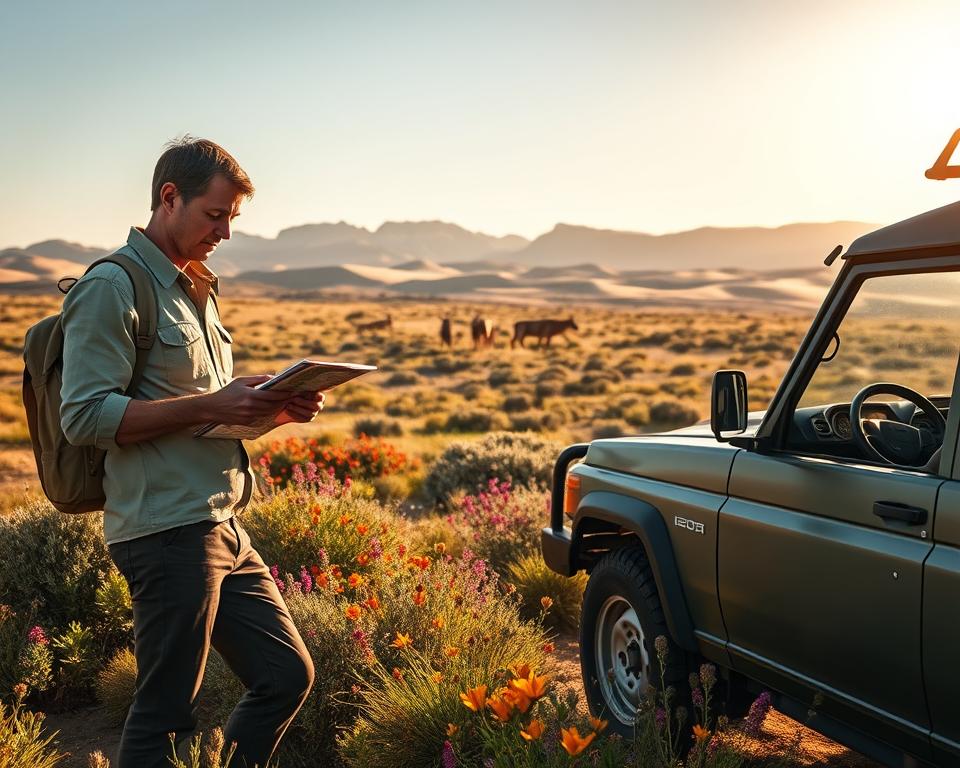 A serene landscape of the De Hoop Nature Reserve in South Africa, showcasing its unique flora and fauna as a nature-loving traveler prepares for a safe journey. In the foreground, a cautious traveler dressed in modest casual clothing stands next to a rugged 4x4 vehicle, checking a detailed map and a smartphone for communication. In the middle ground, vibrant wildflowers bloom and a distant herd of graceful antelope grazes peacefully. The background features rolling sand dunes and patches of lush fynbos under a clear, sunny sky. Soft, golden-hour lighting casts a warm glow, creating an inviting atmosphere of safety and adventure. The overall mood is one of exploration, emphasizing preparedness and appreciation of nature's beauty. A serene landscape of the De Hoop Nature Reserve in South Africa, showcasing its unique flora and fauna as a nature-loving traveler prepares for a safe journey. In the foreground, a cautious traveler dressed in modest casual clothing stands next to a rugged 4x4 vehicle, checking a detailed map and a smartphone for communication. In the middle ground, vibrant wildflowers bloom and a distant herd of graceful antelope grazes peacefully. The background features rolling sand dunes and patches of lush fynbos under a clear, sunny sky. Soft, golden-hour lighting casts a warm glow, creating an inviting atmosphere of safety and adventure. The overall mood is one of exploration, emphasizing preparedness and appreciation of nature's beauty.