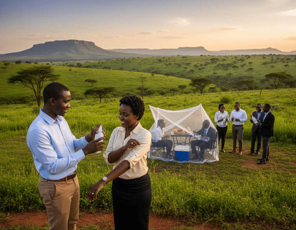 A serene outdoor scene depicting a lush green landscape in Africa, with a focus on a diverse group of individuals dressed in modest, professional clothing, applying mosquito repellent. In the foreground, a male and female professional are interacting, one demonstrating proper application of the repellent on the other's arms. The middle ground features a small picnic area with protective netting, hinting at protective measures against mosquitoes. The background showcases the vibrant colors of the African landscape under soft, golden sunlight, enhancing the lively atmosphere. The image is taken from a slightly elevated angle, allowing for a comprehensive view of the setting while emphasizing the individuals and their actions. The overall mood is informative and encouraging, promoting awareness about mosquito protection.
