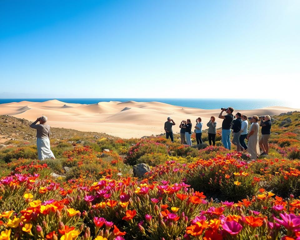 A serene view of the De Hoop Nature Reserve, showcasing a diverse landscape of indigenous fynbos flowers in vibrant colors at the forefront, intermingled with scattered rocky outcrops. In the middle ground, a group of eco-tourists in modest, casual clothing explores the reserve, engaged in birdwatching, using binoculars to observe a variety of birds in their natural habitat. The background features rolling sand dunes leading to the azure ocean under a bright blue sky. Soft golden sunlight bathes the scene, creating an inviting, peaceful atmosphere. The image should be captured at eye level with a wide angle lens, highlighting the beauty of nature and the immersive experience it offers. A serene view of the De Hoop Nature Reserve, showcasing a diverse landscape of indigenous fynbos flowers in vibrant colors at the forefront, intermingled with scattered rocky outcrops. In the middle ground, a group of eco-tourists in modest, casual clothing explores the reserve, engaged in birdwatching, using binoculars to observe a variety of birds in their natural habitat. The background features rolling sand dunes leading to the azure ocean under a bright blue sky. Soft golden sunlight bathes the scene, creating an inviting, peaceful atmosphere. The image should be captured at eye level with a wide angle lens, highlighting the beauty of nature and the immersive experience it offers.