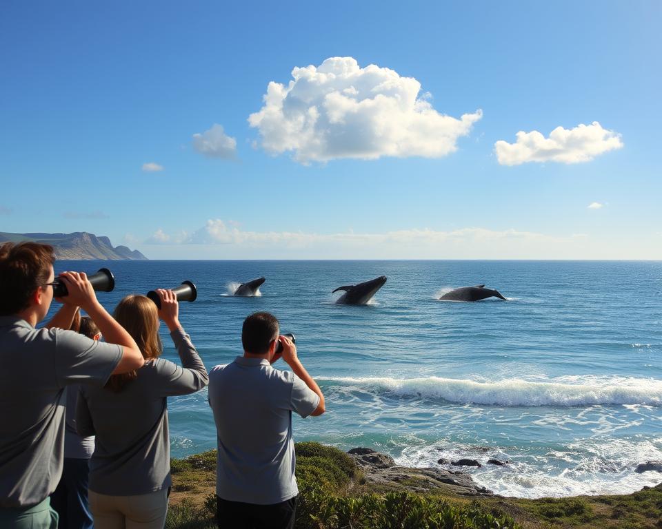 A tranquil scene at De Hoop Nature Reserve during whale watching season. The foreground features a small group of people in modest casual clothing observing the ocean, using binoculars. The middle ground showcases majestic southern right whales breaching the surface, their large bodies creating splashes in the crystal-clear water. In the background, the rugged coastline is framed by golden sands and lush green vegetation of the reserve, with gentle waves lapping against the shore under a clear blue sky. Soft sunlight illuminates the scene, casting a warm glow, while fluffy white clouds drift lazily overhead. The atmosphere is peaceful and awe-inspiring, capturing the excitement and beauty of whale watching. Shot with a wide-angle lens to encompass the vastness of the ocean and landscape. A tranquil scene at De Hoop Nature Reserve during whale watching season. The foreground features a small group of people in modest casual clothing observing the ocean, using binoculars. The middle ground showcases majestic southern right whales breaching the surface, their large bodies creating splashes in the crystal-clear water. In the background, the rugged coastline is framed by golden sands and lush green vegetation of the reserve, with gentle waves lapping against the shore under a clear blue sky. Soft sunlight illuminates the scene, casting a warm glow, while fluffy white clouds drift lazily overhead. The atmosphere is peaceful and awe-inspiring, capturing the excitement and beauty of whale watching. Shot with a wide-angle lens to encompass the vastness of the ocean and landscape.