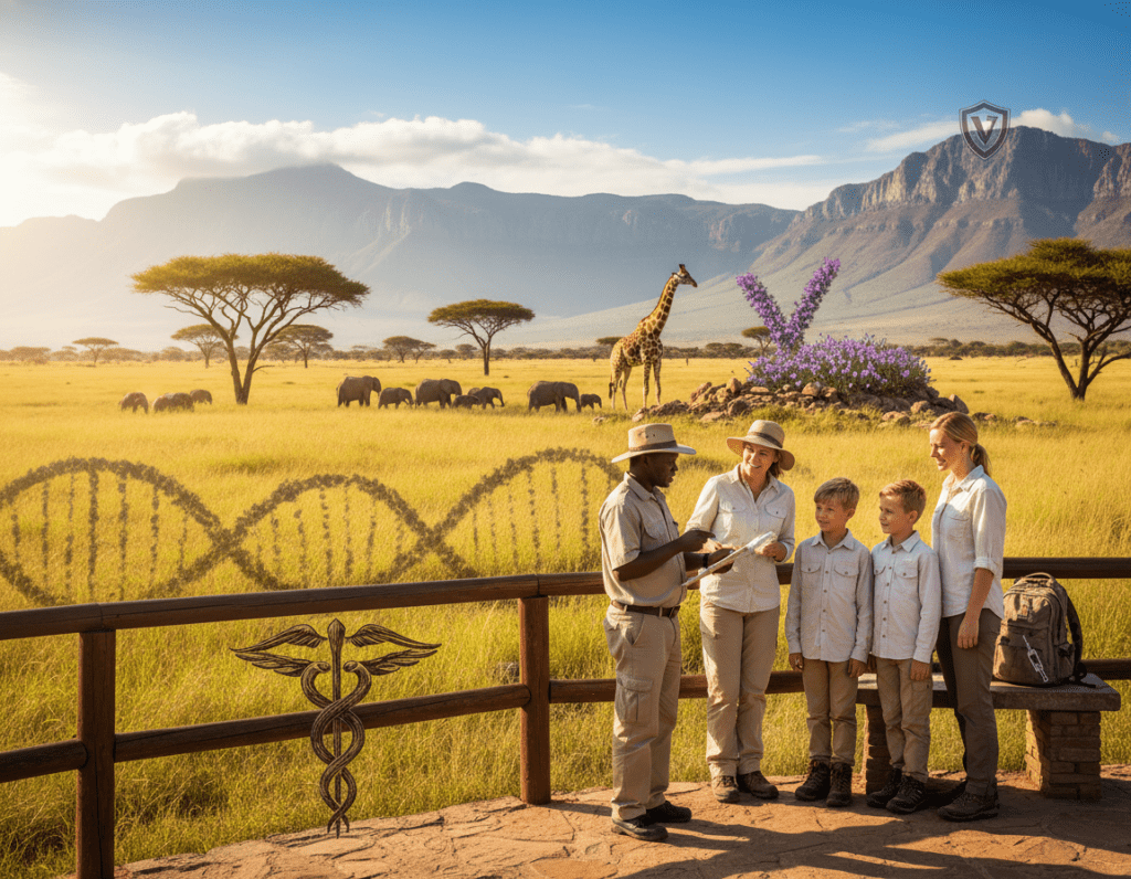 A visually striking representation of a diverse group of travelers in a vibrant South African landscape, showcasing various vaccination symbols subtly integrated into the scenery. In the foreground, an African safari guide in professional attire discusses health precautions with a family of tourists, dressed in casual yet respectful clothing. The middle ground features a lush savanna with iconic acacia trees and wildlife such as elephants or giraffes, creating an adventurous atmosphere. The background reveals distant mountains under a bright blue sky, symbolizing the journey ahead. The scene is illuminated by warm, natural sunlight, enhancing the inviting and informative mood of the image, perfect for conveying travel health awareness. No text or overlays should be present.