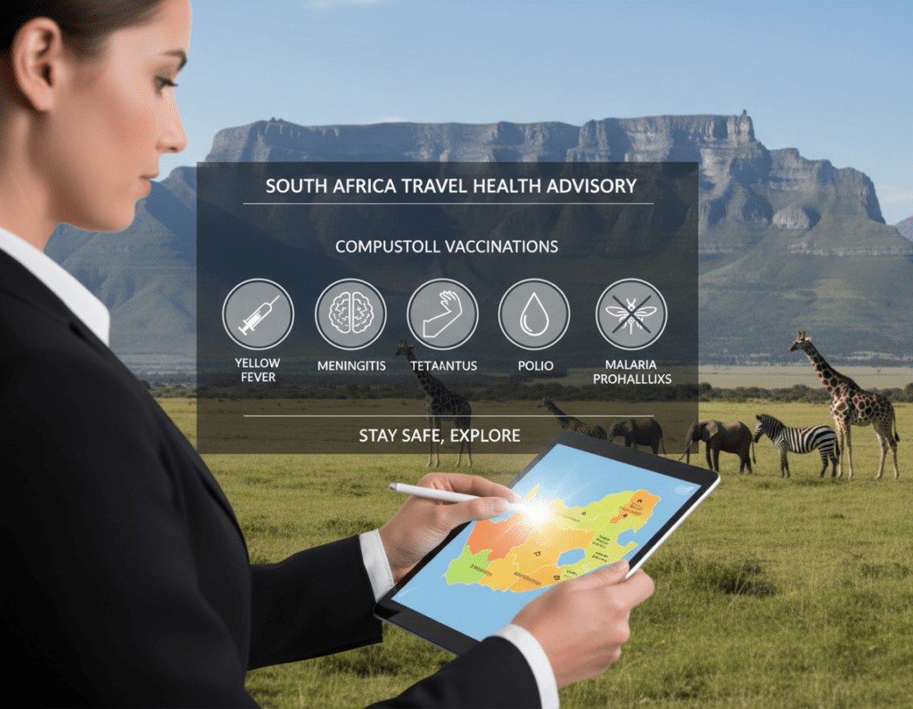 A well-organized travel advisory graphic illustrating current health news and regional risks before a trip to South Africa. In the foreground, a professional-looking female travel advisor or health expert, dressed in smart business attire, pointing towards a digital map displayed on a tablet. In the middle, an infographic showcasing various vaccinations required, with icons representing each vaccine. The background features a lush South African landscape with iconic Table Mountain and some wildlife silhouettes to emphasize the destination. Soft, natural lighting creates an informative and inviting atmosphere, while the angle is slightly above eye level to give a clear view of the tablet and the surrounding scenery. The overall mood is professional, informative, and focused on safety.