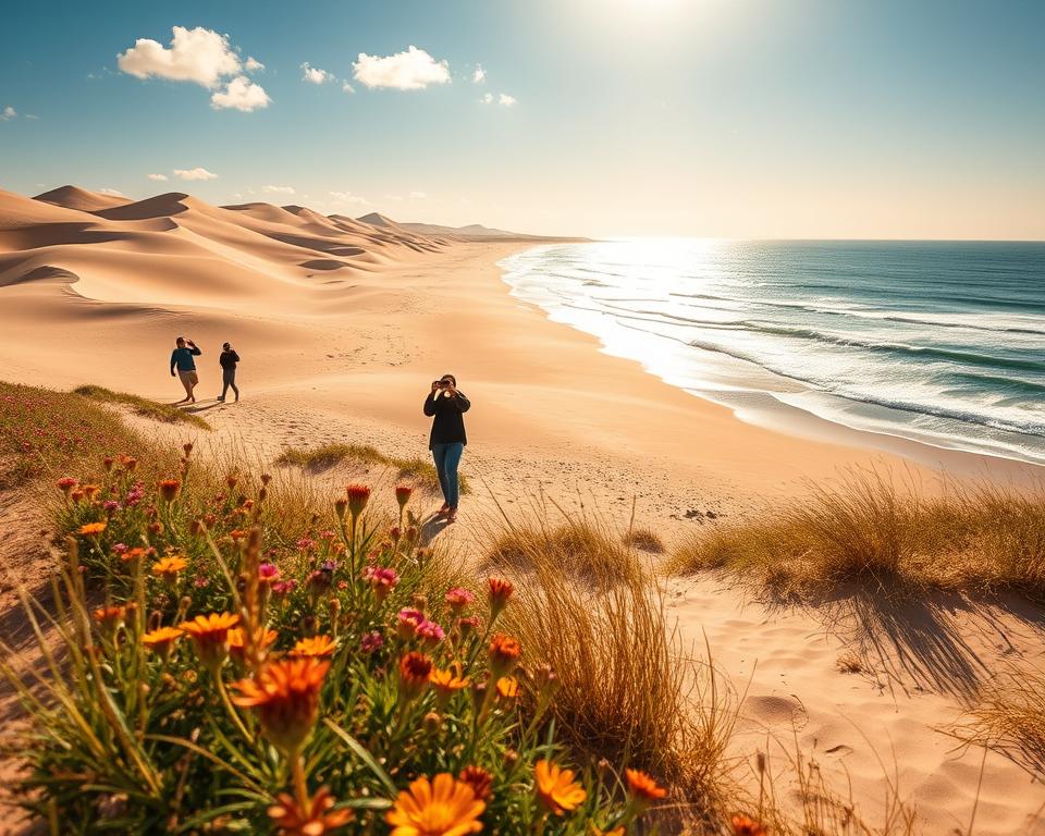 Vibrant landscape of De Hoop Nature Reserve’s beaches and coves, showcasing soft, golden sands and gentle waves lapping at the shore. In the foreground, include colorful wildflowers and tufts of grass swaying in the breeze. The middle ground features people in modest casual clothing walking along the sandy beach, capturing photographs of the stunning scenery. Soft, warm sunlight filters through a few wispy clouds, casting a golden hue over the scene. In the background, rolling sand dunes meet the pristine ocean, with hints of vibrant blue and green reflecting the sun. The overall atmosphere is serene and inviting, promoting relaxation and exploration. Use a wide-angle lens perspective to enhance the expansive feel of the landscape. Vibrant landscape of De Hoop Nature Reserve’s beaches and coves, showcasing soft, golden sands and gentle waves lapping at the shore. In the foreground, include colorful wildflowers and tufts of grass swaying in the breeze. The middle ground features people in modest casual clothing walking along the sandy beach, capturing photographs of the stunning scenery. Soft, warm sunlight filters through a few wispy clouds, casting a golden hue over the scene. In the background, rolling sand dunes meet the pristine ocean, with hints of vibrant blue and green reflecting the sun. The overall atmosphere is serene and inviting, promoting relaxation and exploration. Use a wide-angle lens perspective to enhance the expansive feel of the landscape.